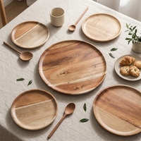 Assiette de service ronde en bois d'acacia, plat de dîner en bois massif, vaisselle polie pour la maison, les fêtes et la cuisine