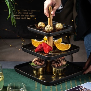 Banquet Black <b>Marble</b> square Ceramic Dish Rack Three-tier Cake <b>Tray</b> - Product Image 2