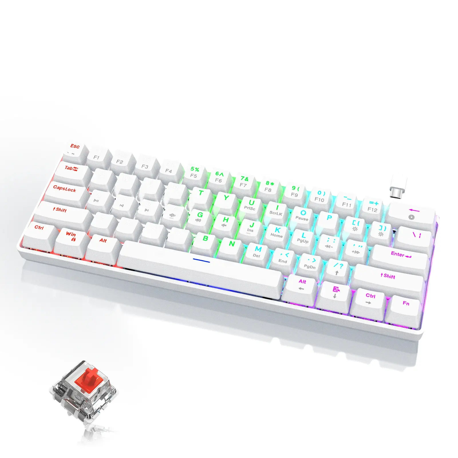 60 Percent Mechanical Gaming Keyboard Ergonomic Durable Detachable Type-C Cable Mini White Gaming Keyboard with Red Switches