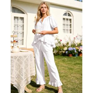 Womens Ruffle Pajamas Short Sleeve Button Down Lounge <b>Set</b> <b>2</b> <b>Piece</b> Solid Sleepwear Drawstring With Pockets - Product Image 4