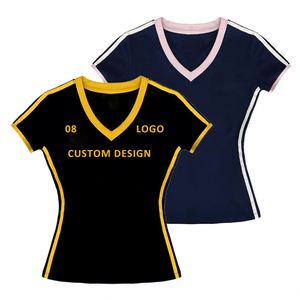 Camiseta Corta Personalizada de Dos Tonos Estilo Y2K con Cuello en V, Ajustada, de Algodón para Mujer - Product Image 1