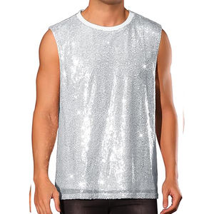 Gilet tricoté pour homme style années <span class=keywords><strong>80</strong></span>, orné de paillettes et de perles, en maille brillante et scintillante, sans manches, en polyester, pour soirées, disco, style urbain métallisé - Product Image 1