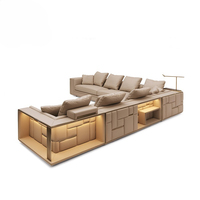 Juego de sofás modulares de cuero y madera en forma de L para sala de estar, muebles, sofá modular italiano de lujo moderno con luz Led