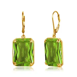 Wholesale Pure 925 Sterling Silver Gemstone Long Jewelry Women Peridot earrings 18k gold hoop