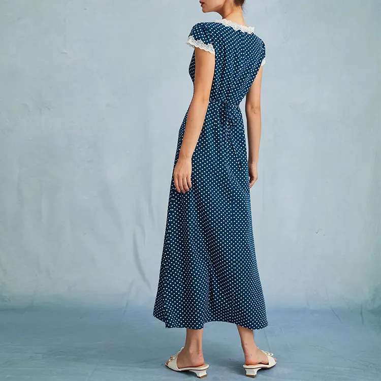 Clothing manufacturer elegant maxi chiffon floral dress wholesale summer dress custom lace v neck high waist polka dot dress