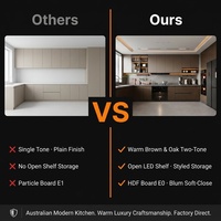 Meuble de cuisine moderne en marbre artificiel écologique australien, deux tons, chêne brun chaud, étagère ouverte, LED, panier de tiroir souple E0