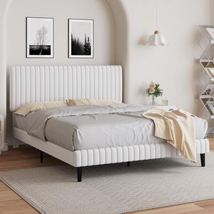Letto con Piattaforma Imbottito in Velluto Design Europeo Direttamente dalla Fabbrica Cinese, Letto Intelligente con Testiera Trapuntata a Canali Verticali Salvaspazio - Product Image 1