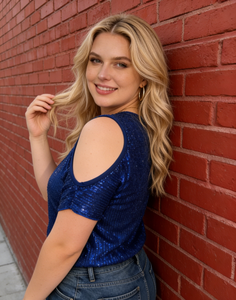 Plus Size <b>Blue</b> Sequin Cold Shoulder <b>Top</b> Women Short Sleeve Round Neck Sparkle Blouse For Club Night Party Daily Wear - Product Image 3