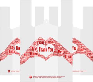 ขอบคุณ ถุงใส่เสื้อยืด ถุงช้อปปิ้งสินค้า ถุงของชำแบบใช้ซ้ำได้และแบบใช้ครั้งเดียว ถุงขนาดมาตรฐานซูเปอร์มาร์เก็ต สีขาว สำหรับร้านอาหาร - Product Image 1