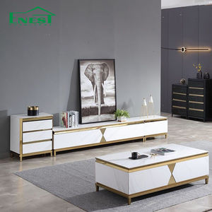 Tavolino da Caffè in Vetro Temperato Effetto Marmo Dorato <span class=keywords><strong>e</strong></span> <span class=keywords><strong>Mobile</strong></span> TV Abbinato con Cassetto in Stile Lusso Moderno per Arredamento Soggiorno - Product Image 4