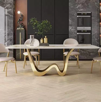 Table de salle à manger rectangulaire STG, style européen moderne, luxe, durable, plateau en pierre frittée imperméable, pieds en acier inoxydable, 6 places