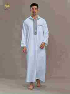 Al Haramain <b>Men's</b> White <b>Thobe</b> Long Sleeve Embroidered Cotton Floor Length Loose Fit Middle East Style Casual Daily Wear - Product Image 1