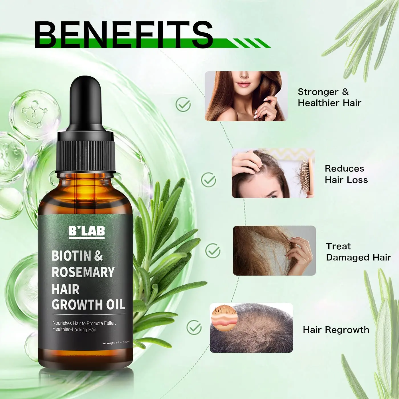 Private Label 100% Natural Rosemary Oil Nourishes Scalp Hair Loss Treatment Biotin Hair Growth Serum