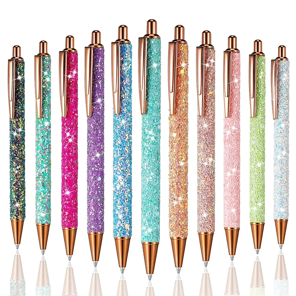 Güzel sevimli kalemler Bling Glitter tükenmez kalem Metal varil geri çekilebilir yazma günlük kalem kadınlar için kız