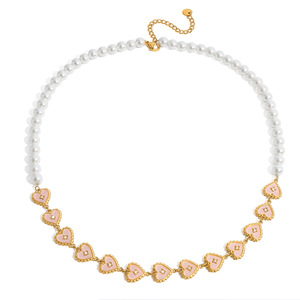 Collar de Perlas en Forma de Corazón con Corazones de Esmalte Rosa Chapados en Oro para Uso Diario - Product Image 5