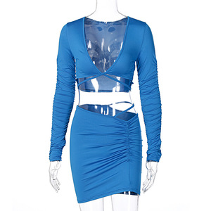 2021 donne Sexy calde vestono il nuovo stile scollo a v ritagliata a maniche lunghe top moda gonna sottile all'ingrosso - Product Image 4