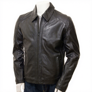 Chaqueta de Cuero Genuino Negra para Hombre, Cuello Camisero, Paneles de Piel de Vacuno, Costuras Laterales, Bolsillos, Diseño Clásico, Abrigo Cálido de Invierno, Nuevo - Product Image 1