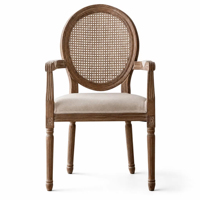 Chaise de salle à manger traditionnelle Louis XV pour événements, structure en bois massif, dossier en rotin brun antique, coussin en lin, pour usage scolaire et gymnastique
