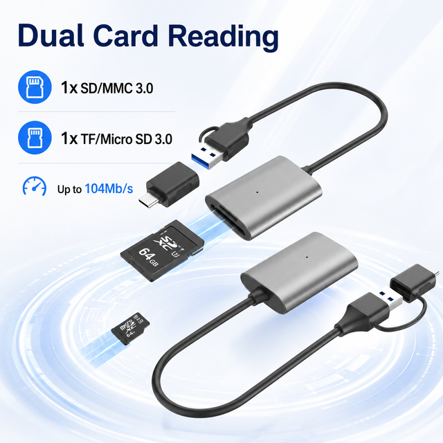 External USB-C/A Dual-Interface 2-in-1 Aluminum Card Reader 5Gbps SD 3.0/TF for 3.0 up to 104MB/s