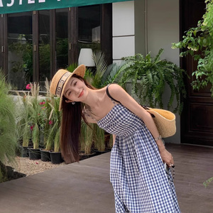 Plaid Strapless Dress Fitted Waist Long Summer Beach Vacation Casual Dress - Product Image 2