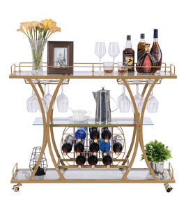 Melayani keranjang dengan pemegang kaca dan rak anggur, 3-Tier troli dapur dengan rak kaca Tempered dan bingkai logam Sepuh emas - Product Image 1