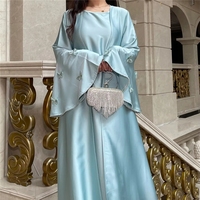Robe de soirée élégante de luxe Eid Dubai Kaftan, manches évasées, ensemble Abaya en satin pour femmes musulmanes avec ceinture en diamants