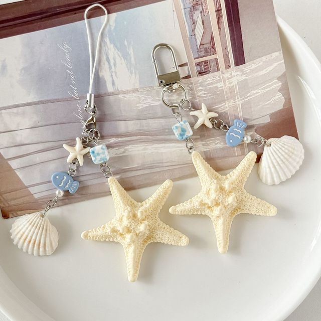 Ocean Themed Starfish & Seashell Keychain, Natural Shell Bag Charm, Coastal Phone Lanyard & Key Ring Pendant, Summer Beach