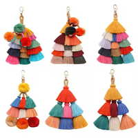 Rumbai warna-warni dekorasi mobil gantungan kunci tas tangan liontin lucu Boho pelangi Macrame tas pesona Pom Pom rumbai gantungan kunci