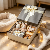 Boîte cadeau gaufrée gris crème avec ruban satiné pour mini-boîte à biscuits lapin en peluche, ensemble confortable pour animaux de compagnie avec clochette tricotée, présentoir, vente en gros, quatre couleurs