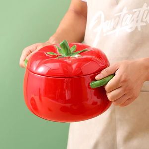 Cuenco de <span class=keywords><strong>sopa</strong></span> de porcelana de doble oreja con forma de tomate rojo de 900-2800ml, cuenco de fideos instantáneos de cerámica para dormitorio de estudiantes con tapa - Product Image 4
