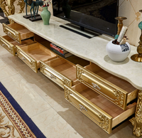 Mesa de Centro de Madera Maciza Clásica Europea de Lujo con Superficie de Madera y Mármol para Muebles de Sala de Estar, Duradera y Compatible con Televisores de 65 Pulgadas