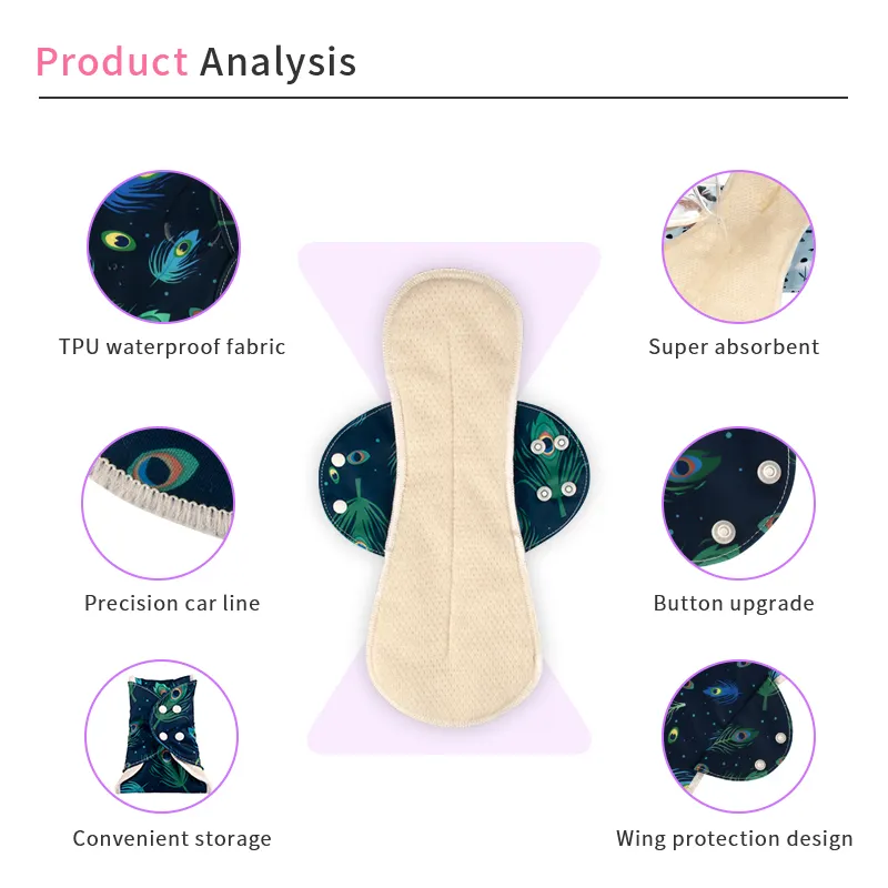 Juego de almohadillas sanitarias reutilizables de 4 Uds. Con capacidad de absorción de bolsa, forros de lavables bragas de algodón, almohadillas menstruales de tela por la noche