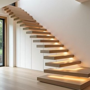 <span class=keywords><strong>Escalier</strong></span> flottant droit en <span class=keywords><strong>bois</strong></span> de chêne <span class=keywords><strong>moderne</strong></span> avec éclairage LED, <span class=keywords><strong>escalier</strong></span> en métal personnalisé - Product Image 1