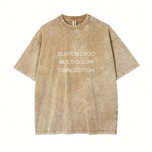 250gsm Summer <b>Acid</b> Washed T-shirts 100% Cotton Hip Hop <b>Drop</b> Shoulder Vintage Oversized Men's T Shirts Heavy Weight With Logo - Product Image 4