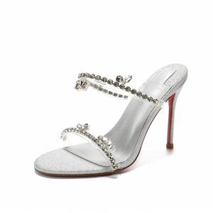 Women's One-Strap <b>Silver</b> Rhinestone Sandals, Thin Heel Crystal Transparent <b>Slippers</b>, Elegant High Heels New Arrival - Product Image 1