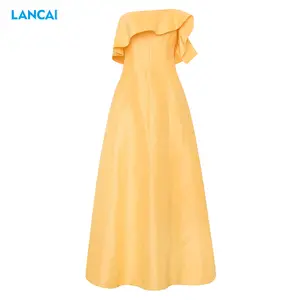 High Quality Women Gown Strapless Neckline Asymmetrical Draped Overlay Fitted Bodice Side Seam Pockets Column Skirt Maxi Dress