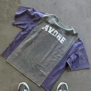 Camiseta personalizada con bloques de color Camiseta con estampado lavado vintage de cuello redondo de algodón puro - Product Image 5