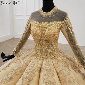Abiti da Sposa di Lusso con Collo a O Dorato, Maniche Lunghe in Pizzo con Perline, Abiti da Cerimonia, Abiti per Quinceañera - Product Image 5