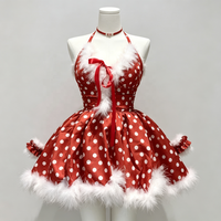 Costume de cosplay de Noël à pois rouges pour femmes, robe courte à bretelles, bordure en fourrure blanche, tenue de fête de Noël pour femmes