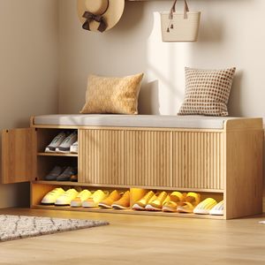 SENYU <b>Wooden</b> <b>Shoe</b> Storage Bench with Cushion Seat and LED Light for Entryway Modern Scandinavian Design - Product Image 1