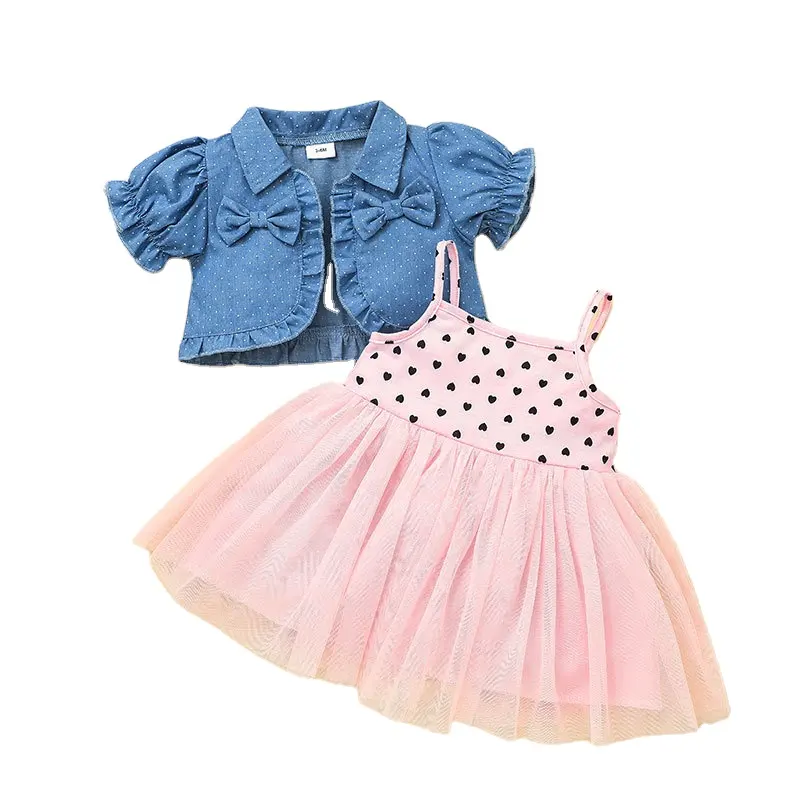 3 PCS Baby Mädchen Sommer Herz druck koreanischen Stil Tutu Denim Mantel Stirnbänder Kinder Prinzessin Kleid Kinder Kleidung