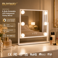 Miroir de courtoisie rectangulaire 30,5x6,5x36cm 6,5cm 2,8cm 25cm 30cm 6 ampoules LED Panneau arrière en MDF Chargeur CC 5V/1A Capteur tactile