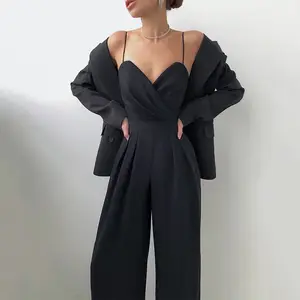 Geniş bacak pantolon ile kadın gevşek kolsuz Halter Romper rahat moda tulumlar & oyun