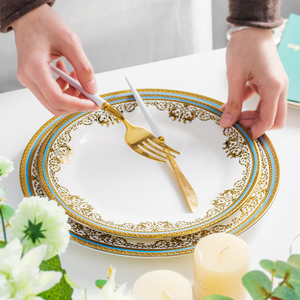 Piatto Rotondo in Ceramica Bianca di Lusso con Bordo Dorato, <span class=keywords><strong>Piatti</strong></span> in <span class=keywords><strong>Porcellana</strong></span> per Cucina Occidentale, Insalata, Dessert, Matrimoni e Banchetti - Product Image 5