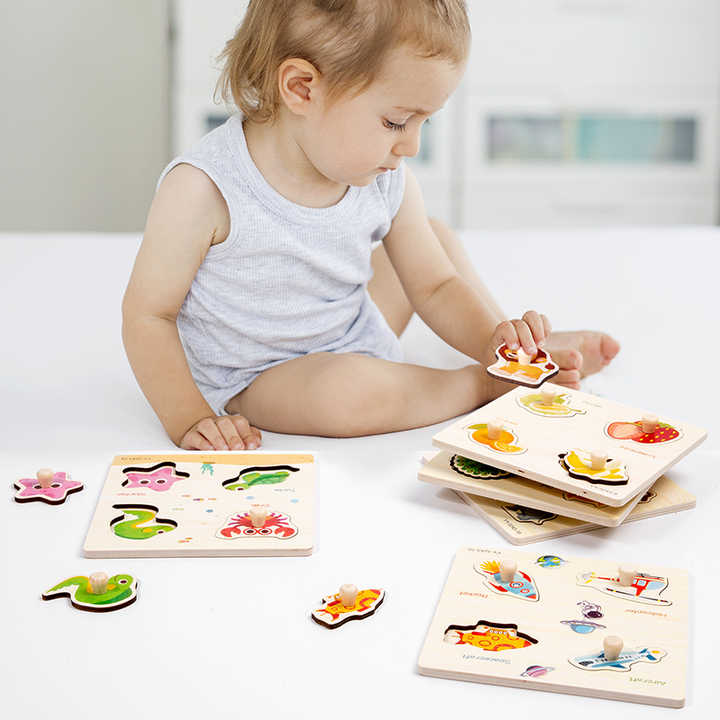 Wooden Mini Cartoon Animal Vehicle Pegged Puzzles Baby Montessori ...