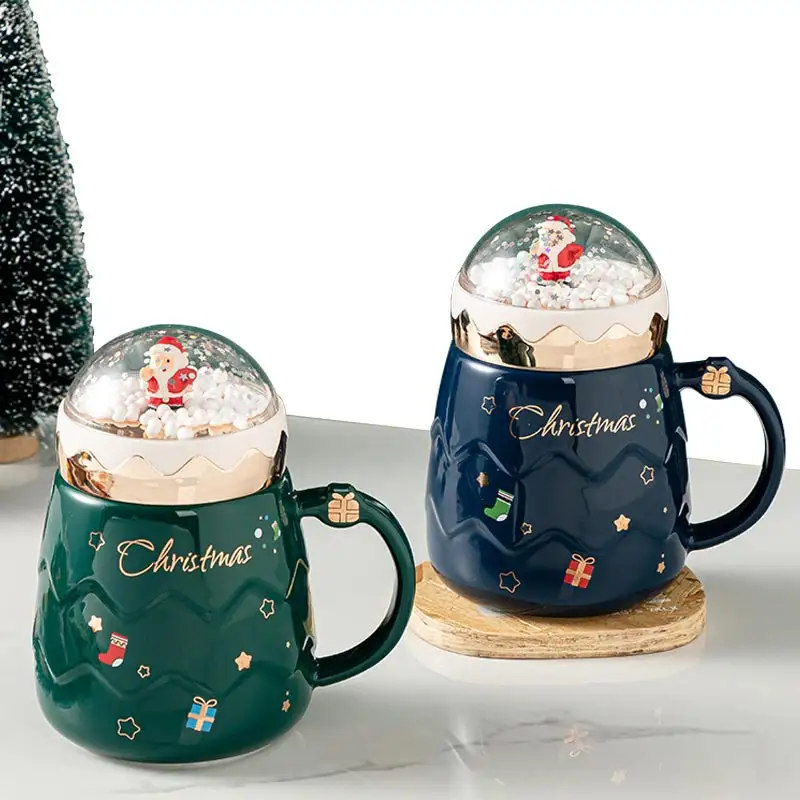 Redeco New Design Product Large Capacity Water Santa Cup With Lid Embossed Cup Ceramic Christmas Mugs For Home Gifts