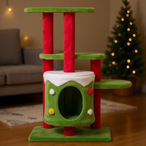 Christmas Themed <b>Cat</b> Tree 32 Inch 3 Level <b>Plush</b> <b>Cat</b> Condo With Scratching Posts For Indoor <b>Cats</b> - Product Image 2