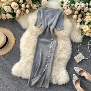 Populaire Robe Femme Dame Élégante Coréenne Couleur Unie Boutonnée Slim Manches Courtes Tricotée Fendue Moulante - Product Image 2