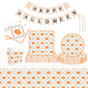 DAMAI Happy Halloween Party Tableware Set with Pumpkin Pattern Disposable Paper Plates Set for Kids Halloween Party - Product Image 1