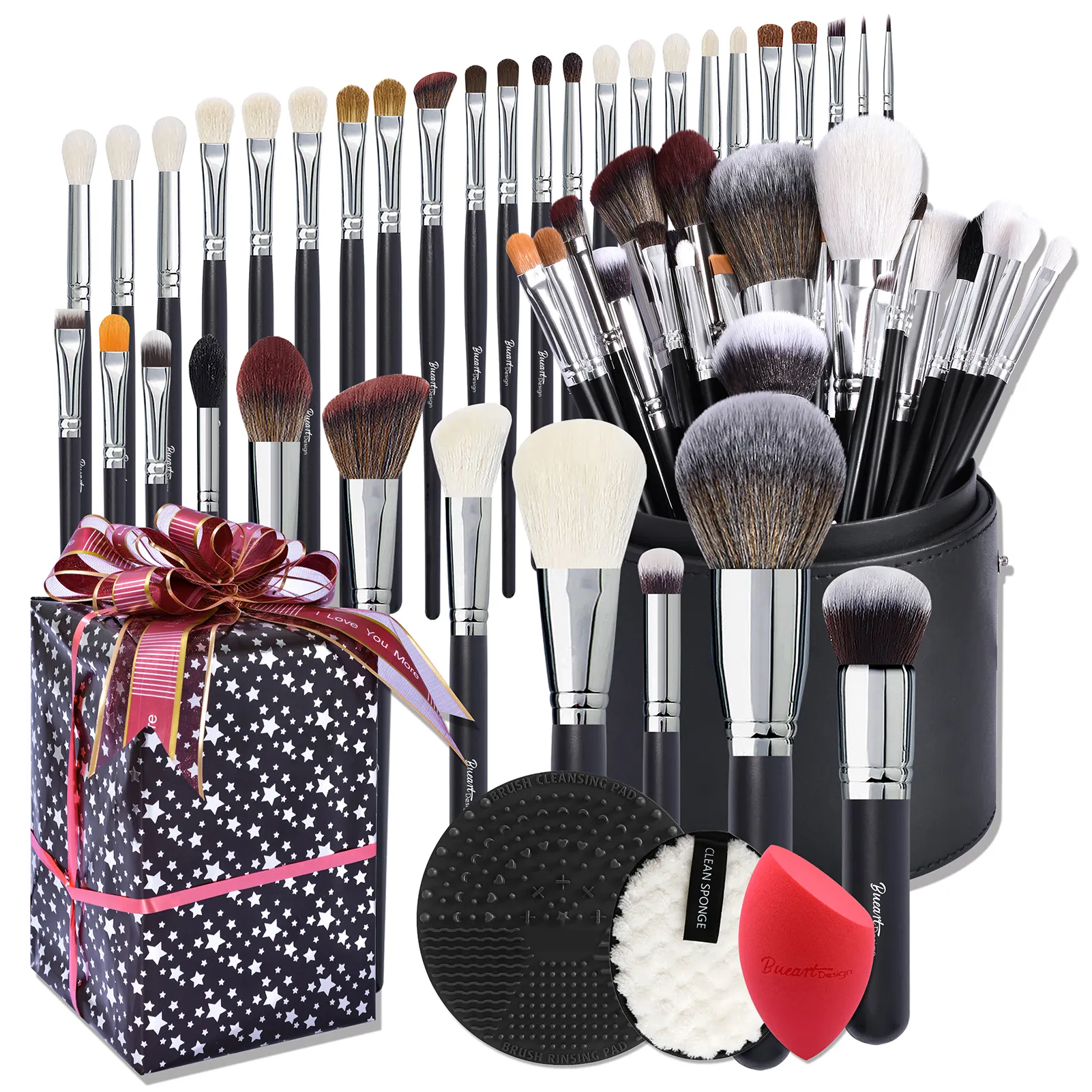 BUEYA 30PCs Bueart Juego de brochas de maquillaje negro de alta calidad con soporte Pelo de cabra natural logotipo personalizado maquillaje juego de brochas profesionales